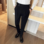 Outono inverno cintura alta calças de vestido de negócios dos homens casual cinto design fino terno calças formal casamento festa social calças masculinas
