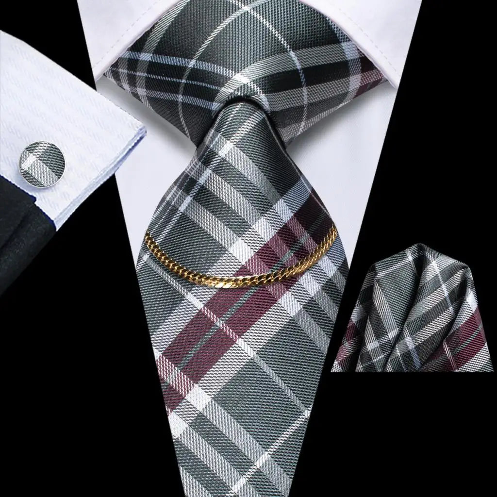 Hi-Tie-Gravatas de seda xadrez de luxo masculinas, conjunto de abotoaduras, design preto, presente de casamento, corrente de gravata moda