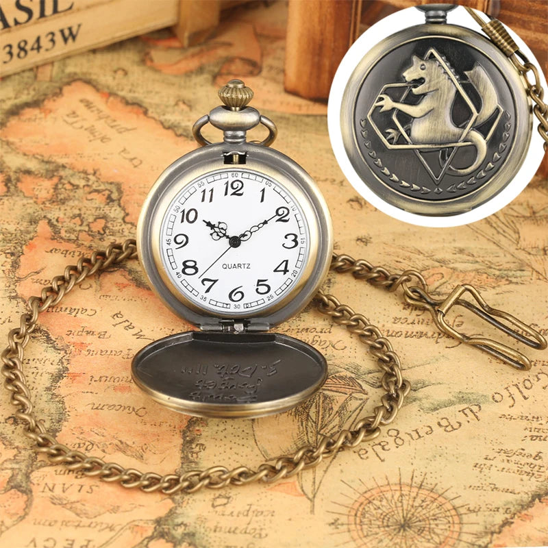 Vintage preto fullmetal alchemist relógio de bolso quartzo steampunk popular edward elric colar corrente fãs cosplay anime relógios