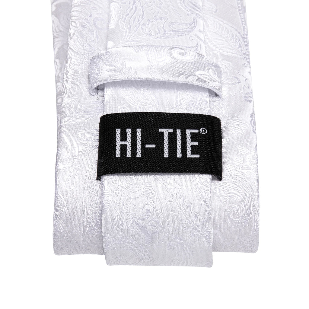 Hi-tie paisley branco texturizado gravata masculina elegante e elegante gravatas masculinas abotoaduras bolso quadrado banquete casamento