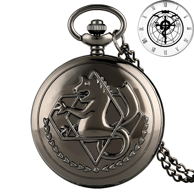 Vintage preto fullmetal alchemist relógio de bolso quartzo steampunk popular edward elric colar corrente fãs cosplay anime relógios