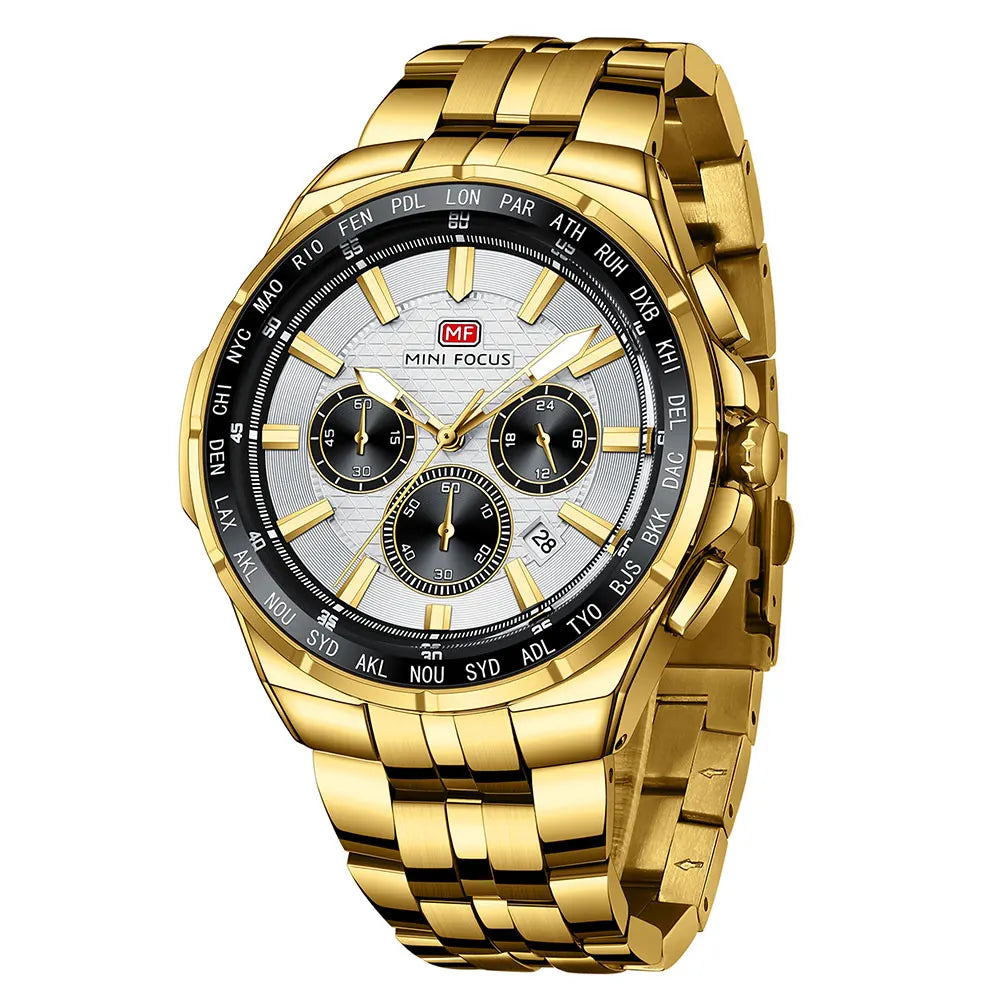 MINI FOCUS Moda Casual Relógio de Quartzo para Homens Relógio de Pulso Multifuncional com Mãos Luminosas Banda de Aço Cronógrafo Calendário Data
