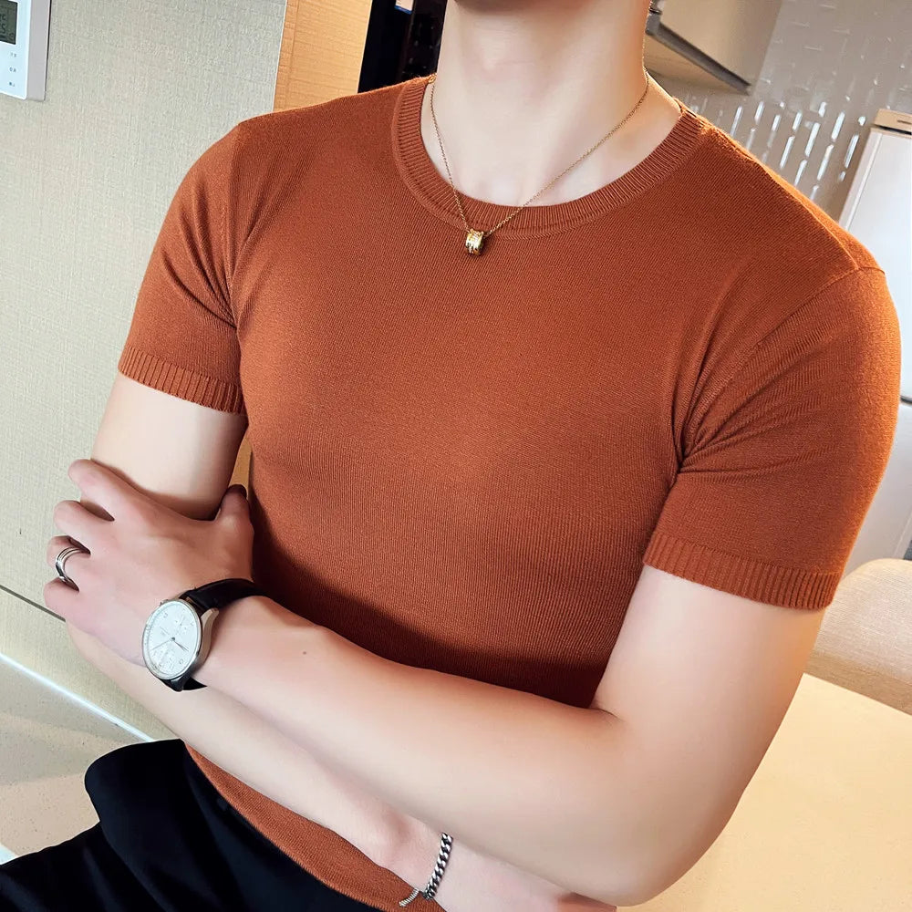 Qualidade superior verão fino manga curta malhas camiseta roupas masculinas 2024 cor sólida fino ajuste o-pescoço camiseta streetwear 3xl-m