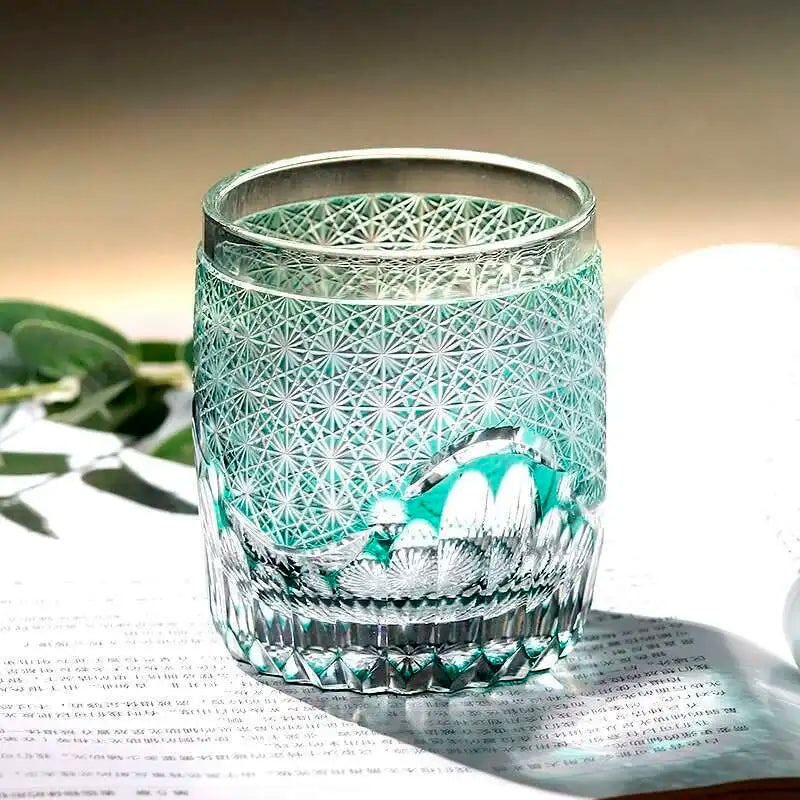 Japonês superior edo kiriko mão escultura cristal uísque vidro verde crisântemo onda do mar brandy licor snifter copo de vinho drinkware