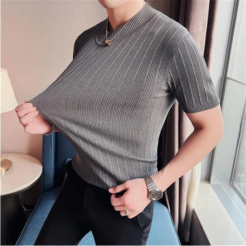 2024 verão malha elasticidade t camisa masculina meia gola alta manga curta casual fino ajuste camisola topos t clube social camiseta