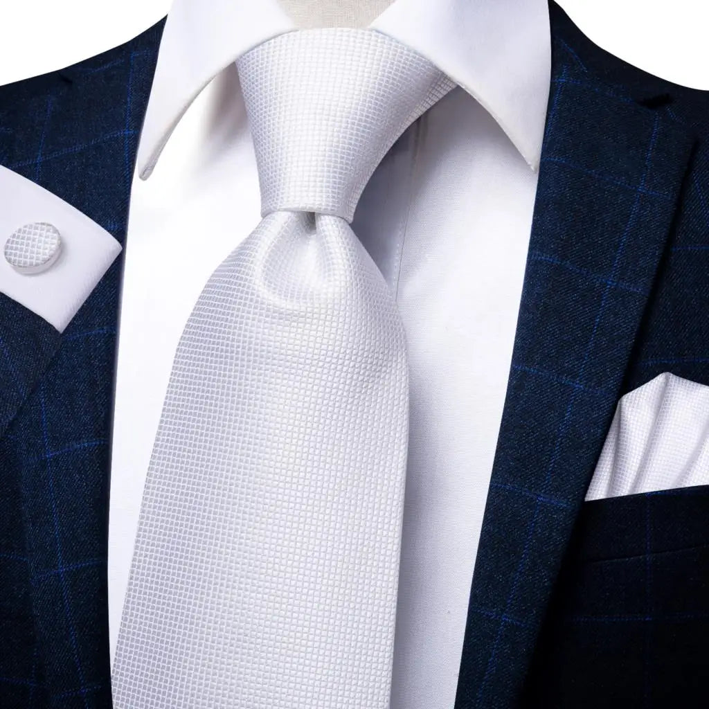 Gravatas masculinas branco sliver hanky abotoaduras conjunto de seda pescoço laços para festa de casamento negócios gravata masculina 2022 nova marca de moda hi-tie