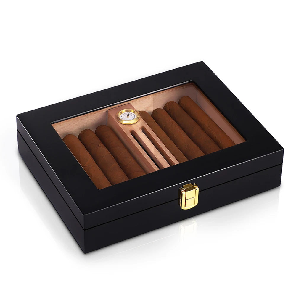 Caixa de armazenamento do humidor do charuto, Parte superior do vidro do cedro, Humidificadores do charuto do desktop, Estojo com acessórios do umidificador para homens, 10-18 charutos