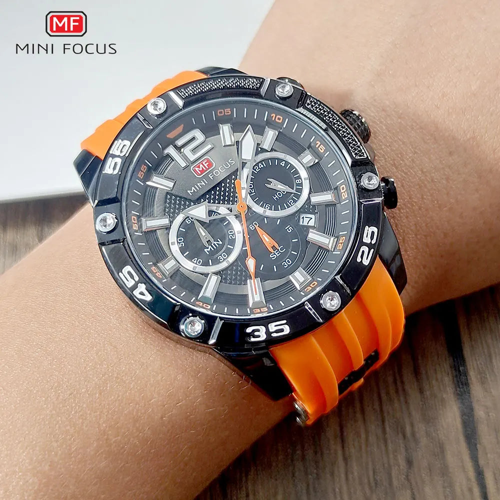 Mini foco laranja relógio para homem militar esporte cronógrafo relógio de pulso de quartzo com pulseira de silicone à prova dwaterproof água luminosa mãos 0349