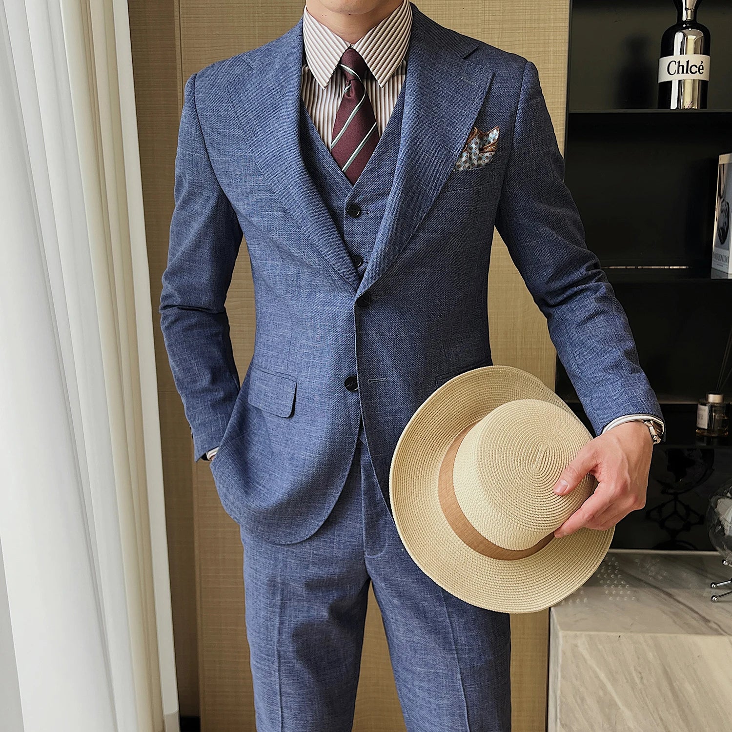 Smoking formal de luxo masculino, jaqueta, colete e calça, terno justo para noivo, casamento, festa de trabalho, high-end, novo, 3 peças, 2022