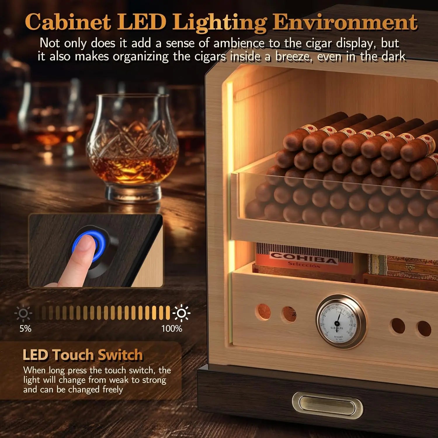 Umidificador de charutos, porta magnética de controle iluminado, com gaveta de acessórios de charuto e 2 umidificadores Armazenamento de grande capacidade de 3 camadas