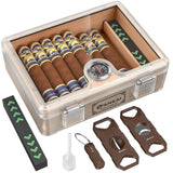 Caixa de charutos Humidor, com guilhotina cortadora, corte V, perfurador e suporte, caixa de charutos com tampo de vidro, forro de madeira de cedro, higrômetro umidificador