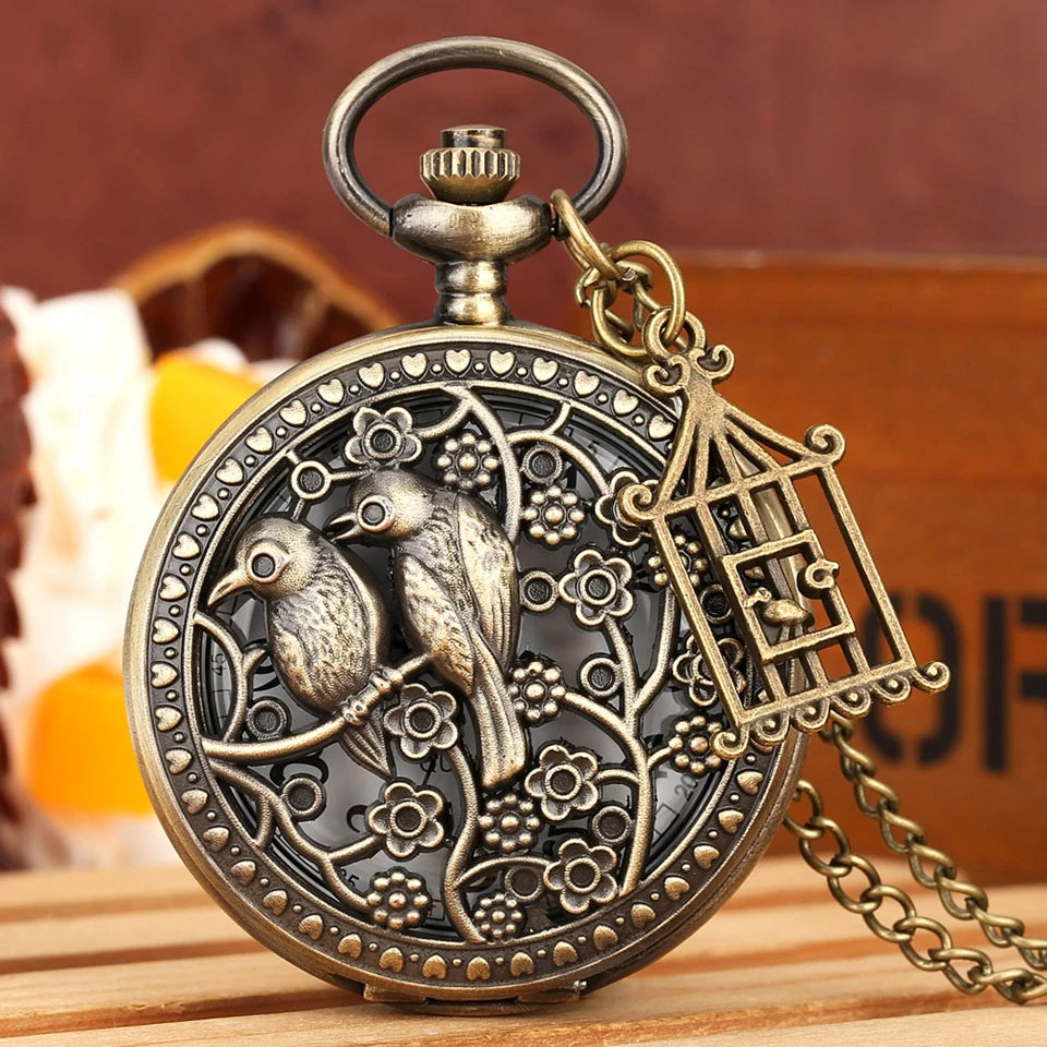 Dois pequenos pássaros estilo retro relógio de bolso de quartzo corrente steampunk colar pingente fob relógio animal com gaiola acessório