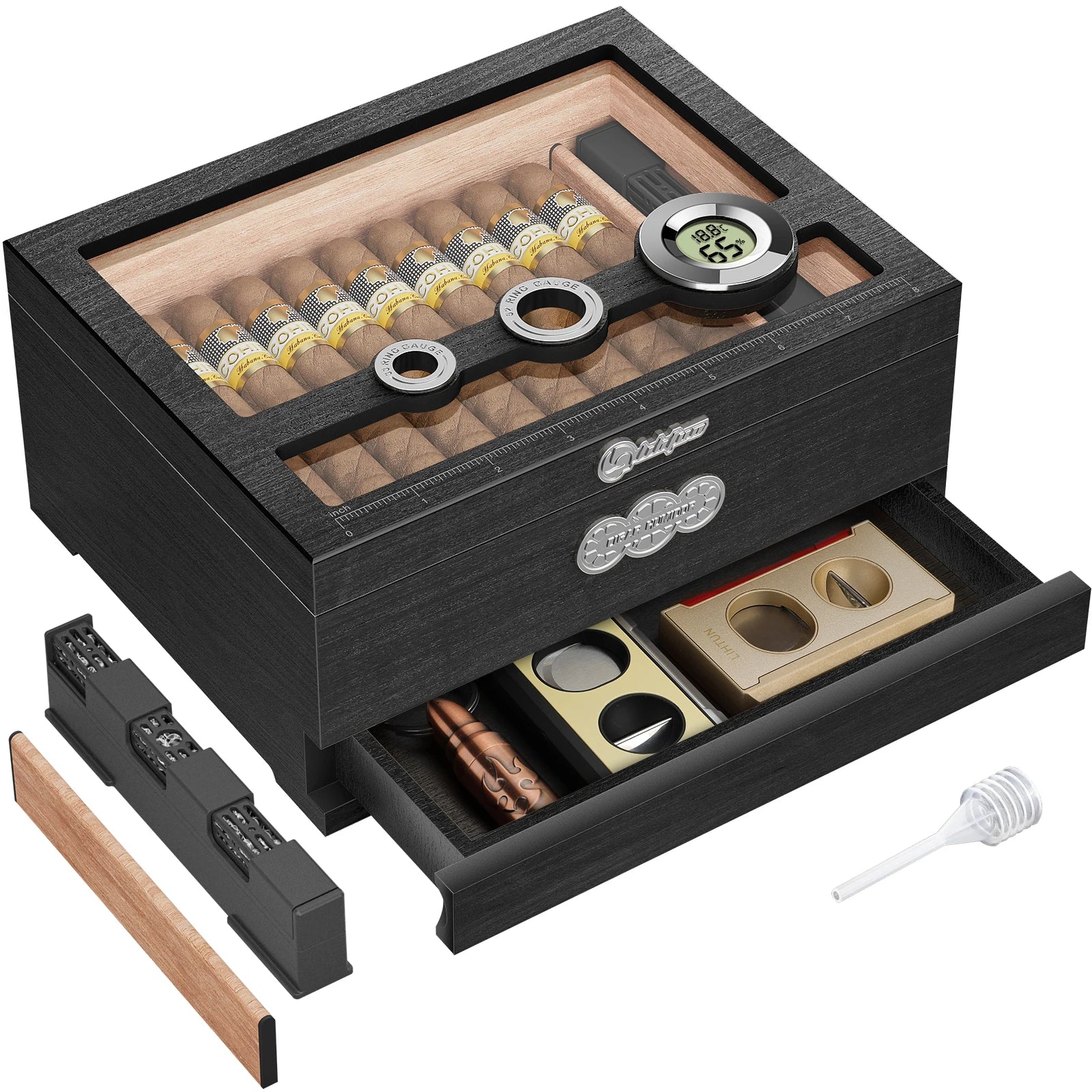 Umidificador de charutos, caixa de charutos de madeira de cedro com umidificador higrômetro digital, balança de medição e gaveta, presentes de umidificador de mesa superior de vidro