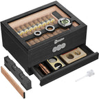 Humidor de charutos, caixa de charutos de mesa superior de vidro com higrômetro digital, umidificador, gaveta de acessórios para charutos e escala de medição