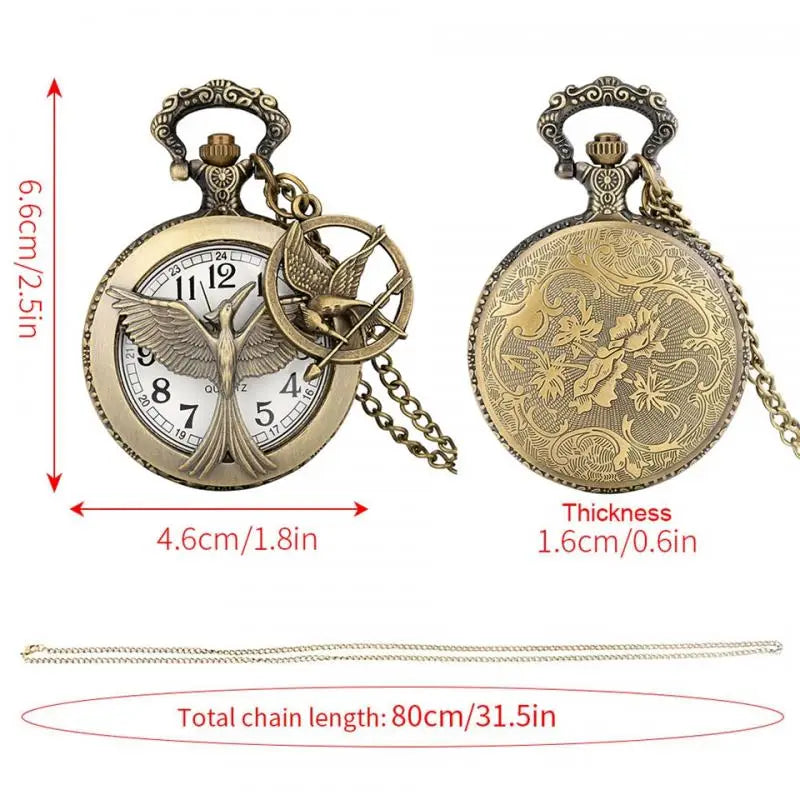Oco grande pássaro relógio de bolso de quartzo bronze pássaros colar animal cosplay pingente corrente souverirn corrente com pássaro acessório