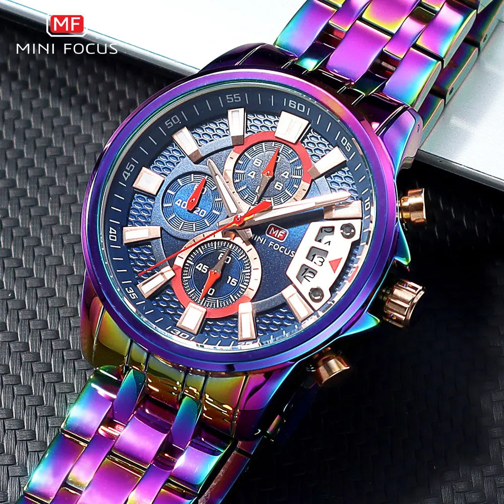 MINI FOCUS Motley Relógios para Homens Moda Esporte Cronógrafo Relógio de Pulso de Quartzo com Data Luminosa Mãos Pulseira de Aço Inoxidável Homem