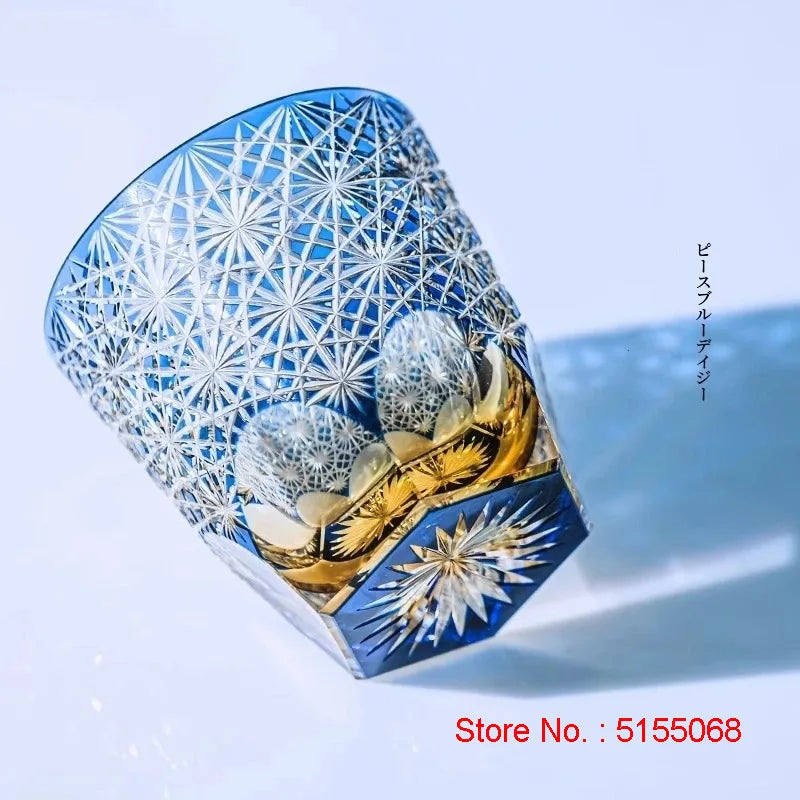 Processo de cor cristal edo kiriko copo de vinho mão escultura crisantemo padrão uísque vidro espíritos licor snifter caneca de uísque