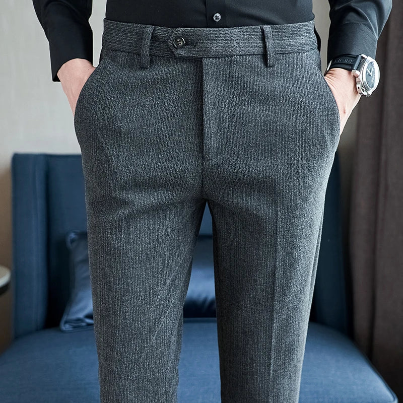 Outono inverno pano de lã engrossado terno calças de alta qualidade dos homens negócios calças finas formal wear escritório social vestido calças