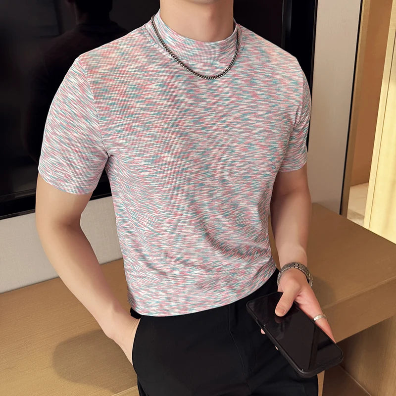 Camiseta camuflada masculina verão meia gola alta ajuste fino manga curta moda versátil camisetas casuais topos roupas masculinas