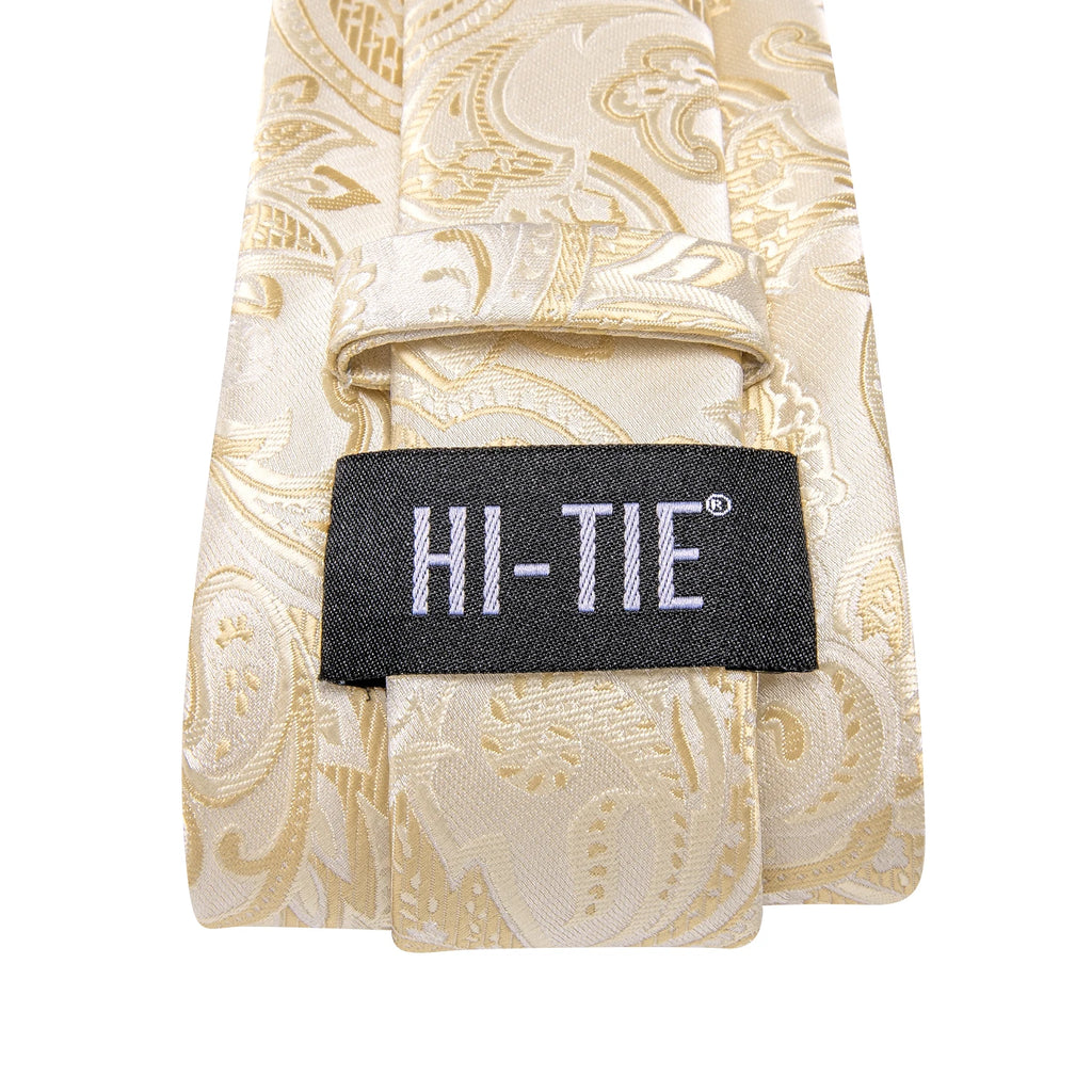 Hi-tie floral champanhe marfim masculino elegante gravata lenço abotoaduras para smoking moda clássico seda gravata de luxo para homem