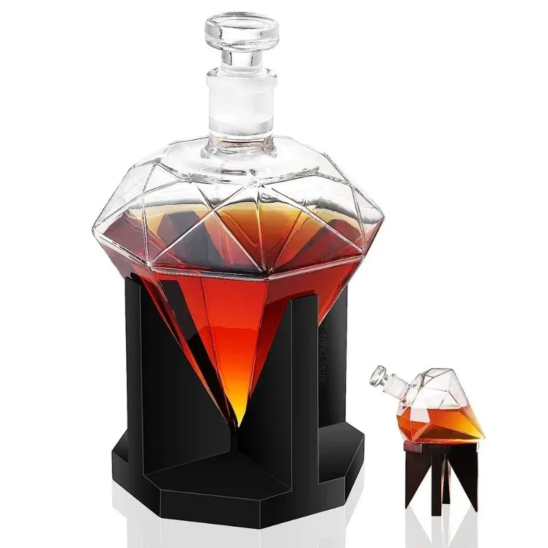 Decantador de uísque de 1000ml, garrafa de vinho de diamante de vidro com suporte de madeira, rolha hermética adequada para todos os tipos de álcool, presente