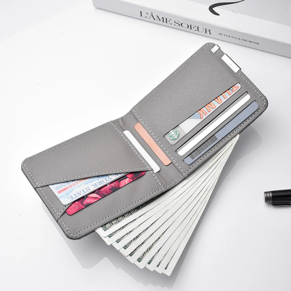 Carteira masculina de couro PU impressa com desenhos animados com vários slots para cartões Slim Funny Expression Design Carteira compacta elegante