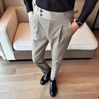 Outono inverno cintura alta calças de vestido de negócios dos homens casual cinto design fino terno calças formal casamento festa social calças masculinas
