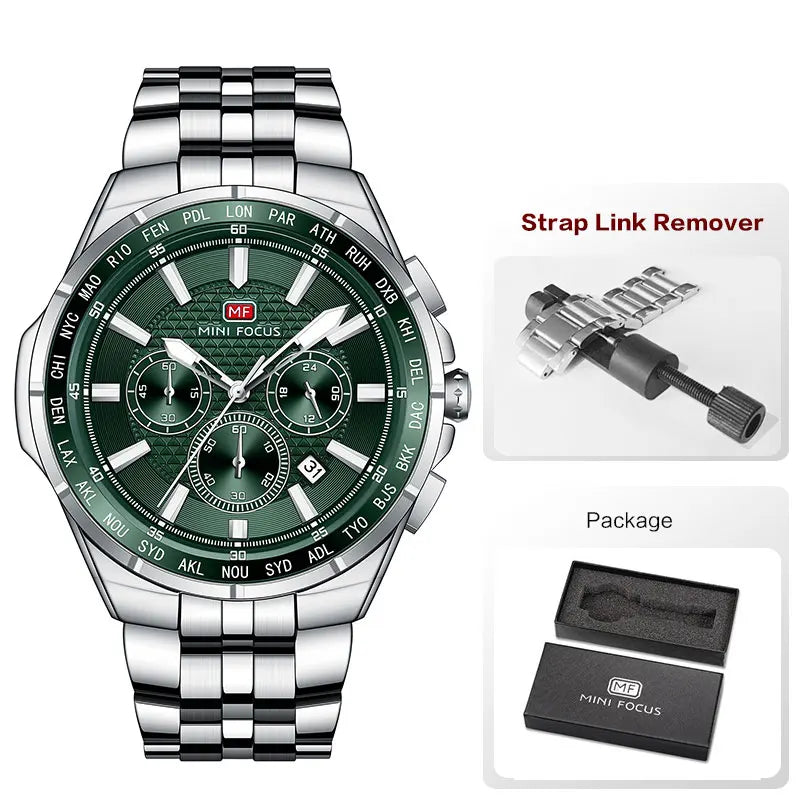 MINI FOCUS Moda Casual Relógio de Quartzo para Homens Relógio de Pulso Multifuncional com Mãos Luminosas Banda de Aço Cronógrafo Calendário Data