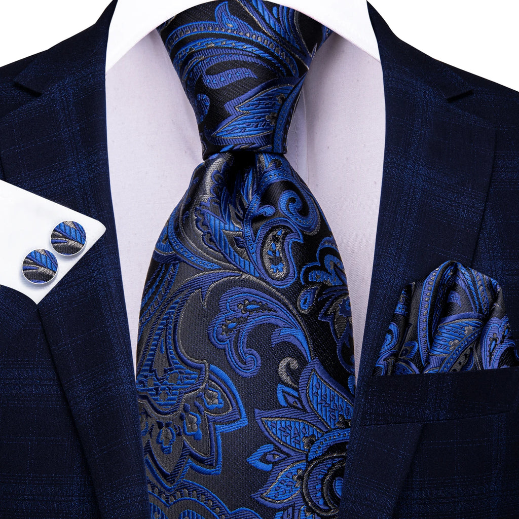 Hi-tie moda 8.5cm preto cinza floral masculino elegante gravata lenço abotoaduras conjunto acessórios de festa de casamento presente para homem gravat