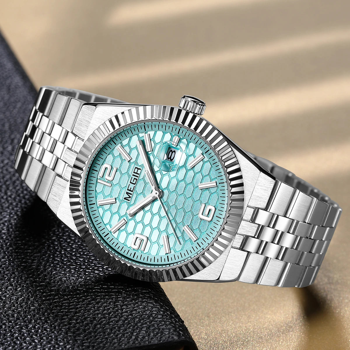 Megir relógio de quartzo estilo simples para homens, relógio de pulso analógico de negócios da moda com pulseira de aço inoxidável, data, mãos luminosas