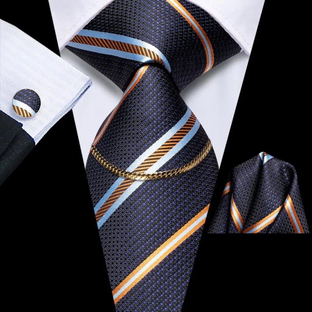 Hi-Tie-Gravatas de seda xadrez de luxo masculinas, conjunto de abotoaduras, design preto, presente de casamento, corrente de gravata moda