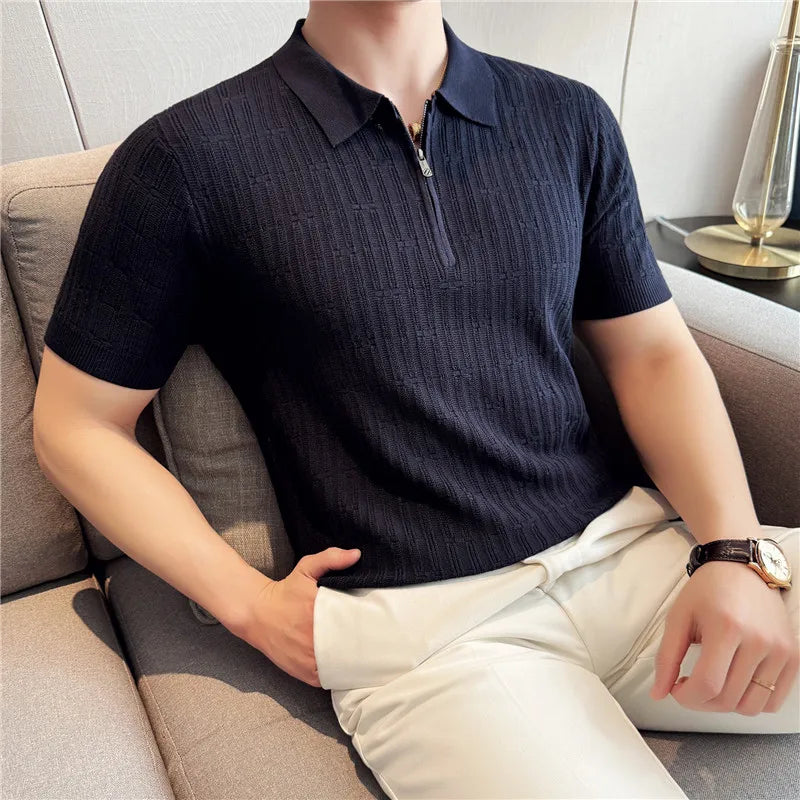 Verão gelo seda oco malha polos camisa de alta qualidade dos homens manga curta listrado negócios casual camiseta topos roupas masculinas 3xl