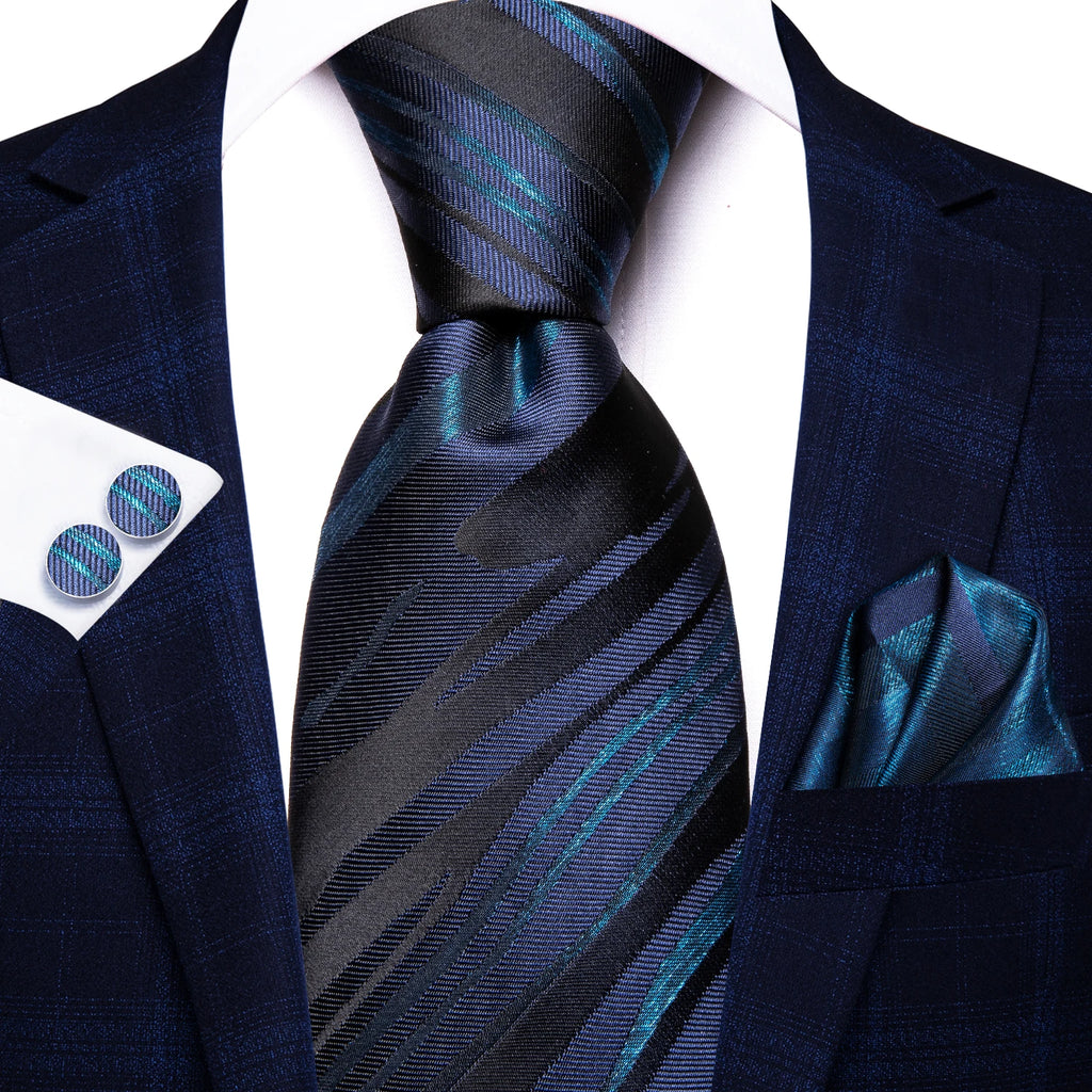 Conjunto clássico de gravata de seda masculino, gravata, listrada azul bordô, lenço elegante, abotoaduras, moda luxo, 3 peças
