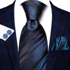 Conjunto clássico de gravata de seda masculino, gravata, listrada azul bordô, lenço elegante, abotoaduras, moda luxo, 3 peças