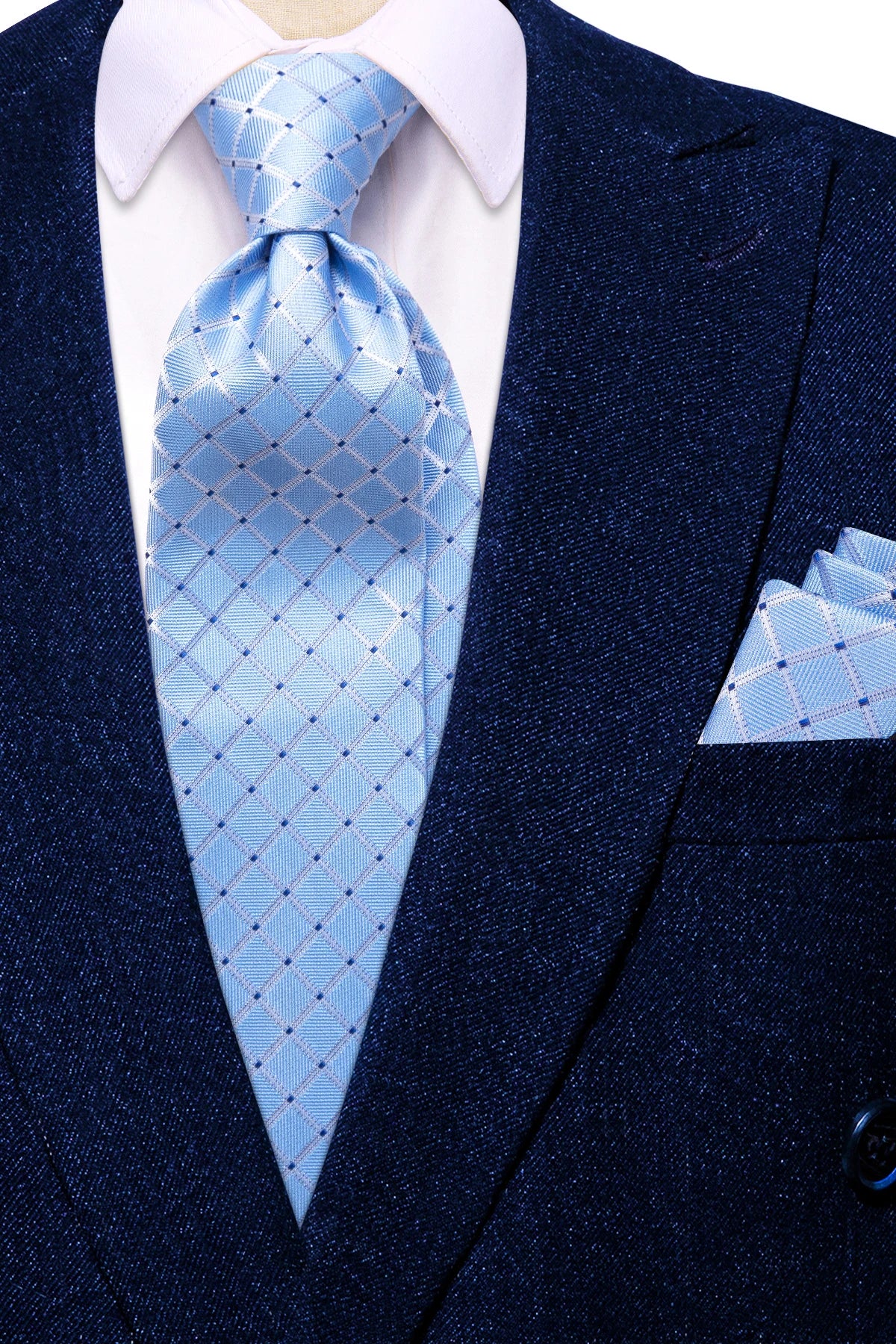Hi-tie masculino elegante gravata lenço abotoaduras 3 pçs conjunto xadrez azul claro para smoking moda clássico seda luxo gravata para homem