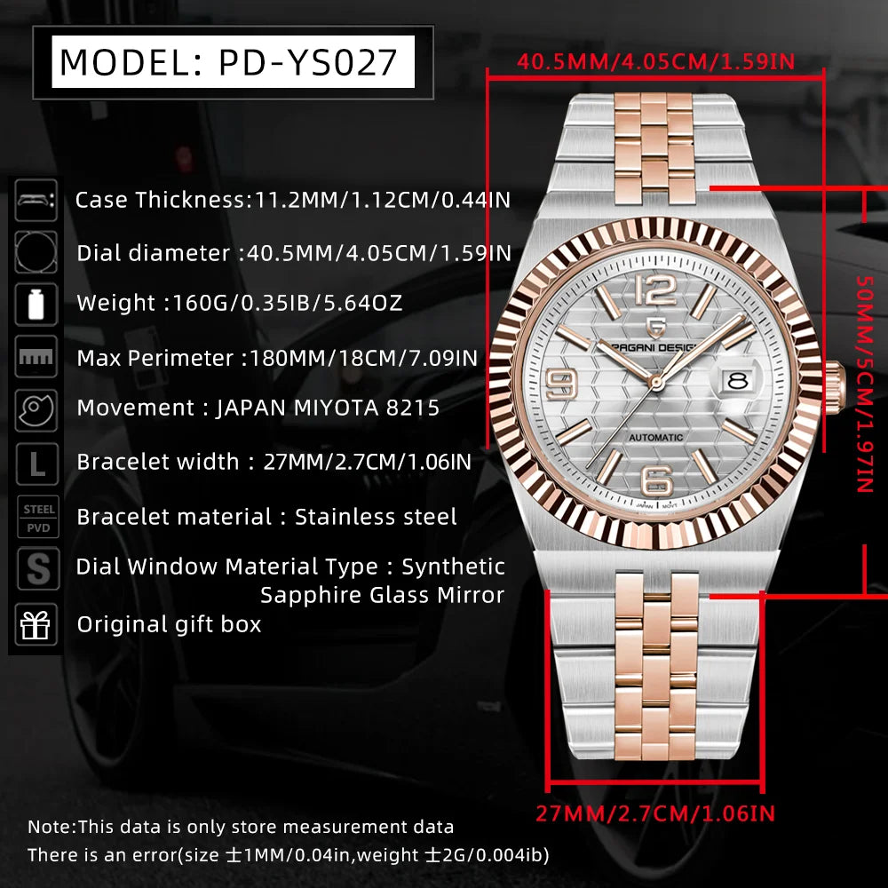 Pagani design novo relógio mecânico automático masculino de negócios 100m à prova dwaterproof água aço inoxidável safira relógio mecânico masculino