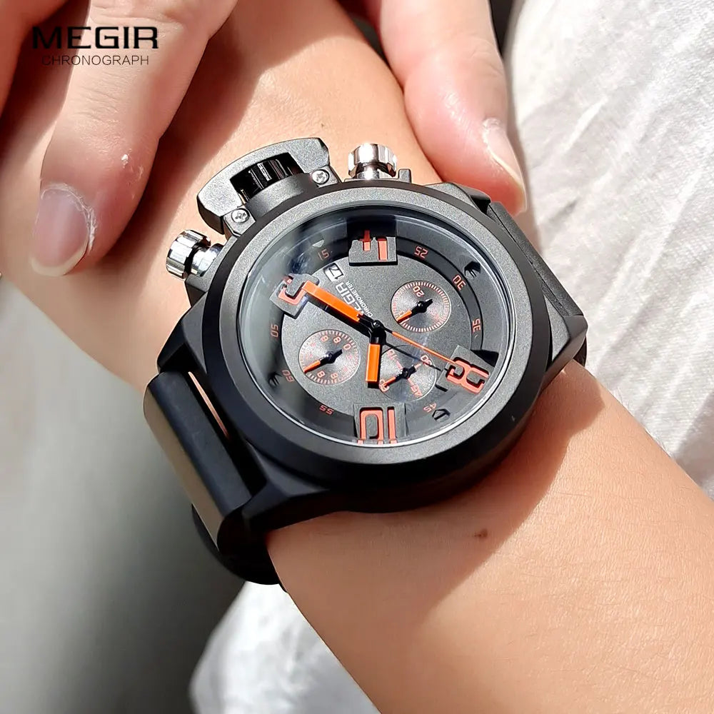 Megir moda masculina pulseira de silicone esporte quartzo relógios de pulso analógico display cronógrafo relógio preto para homem com calendário 2002