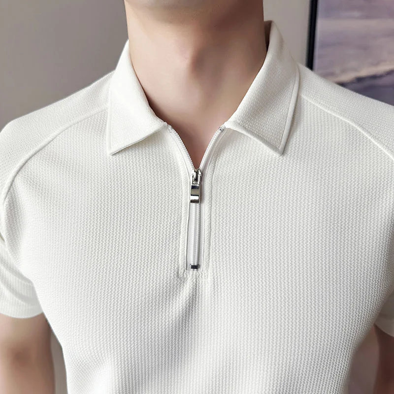 Verão masculino sólido camisa polo 2025 moda turn down collar zíper design fino ajuste casual elástico camisetas roupas masculinas 4xl-m