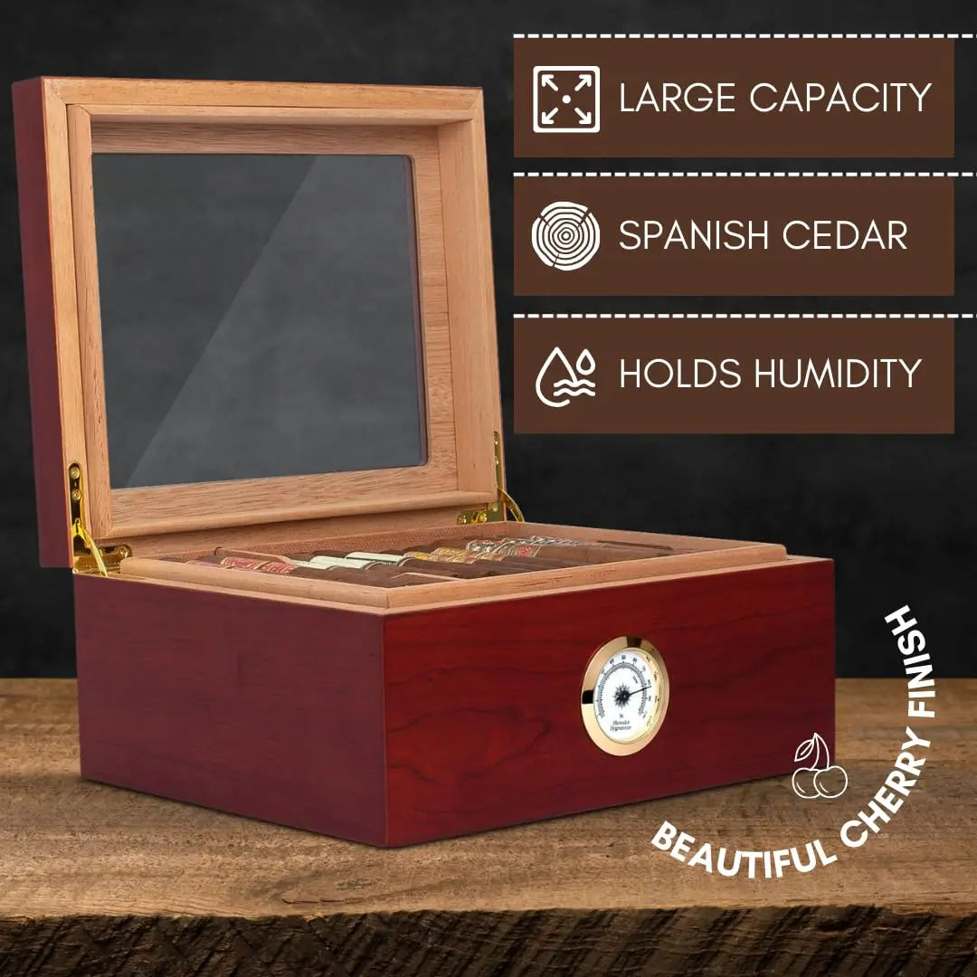 Caixa humidor de charutos, organizador artesanal de madeira de cedro com higrômetro, divisor de grande capacidade, suporte para 50 charutos, presente masculino