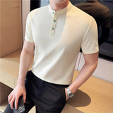 Turquesa botão design henry pescoço polo camisa 2025 verão nova manga curta masculina fino ajuste sólido confortável algodão camisetas topos