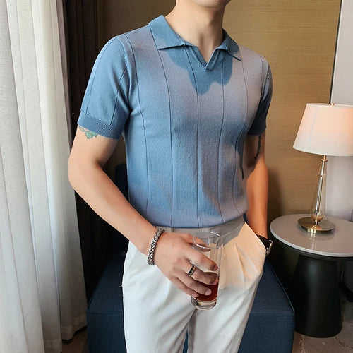 Estilo britânico v pescoço polo camisa dos homens de verão manga curta tricô t moda lapela cor sólida fino ajuste negócios polos casuais