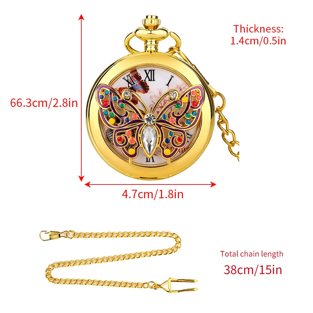 Relógio de bolso de quartzo libélula cristal diamante incrustado para mulheres, colar charmoso, pingente corrente, vestido elegante, relógio fob match