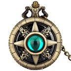 Exquisite Emerald-Green Stone Bronze Case Quartz Pocket Watch, Simples Dial Branco Cadeia Relógio, Colar Pingente para Homens e Mulheres