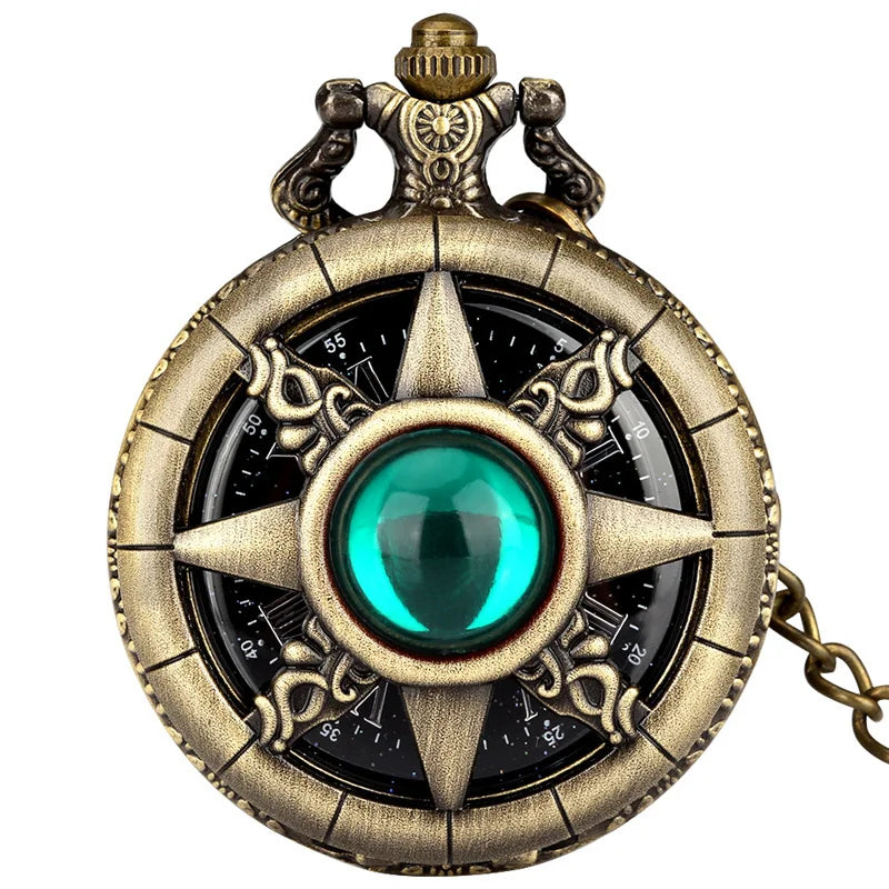 Exquisite Emerald-Green Stone Bronze Case Quartz Pocket Watch, Simples Dial Branco Cadeia Relógio, Colar Pingente para Homens e Mulheres