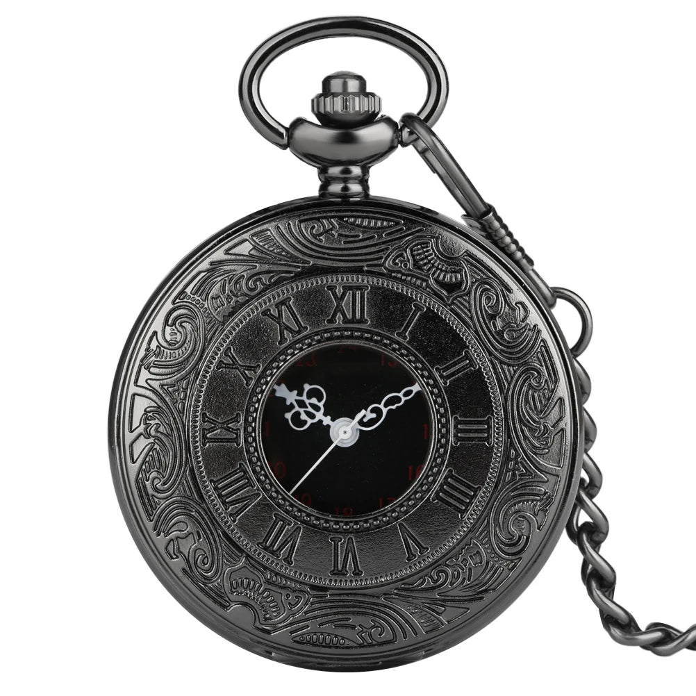 Preto numerais romanos relógio de bolso de quartzo masculino feminino preto oco caso steampunk vintage pingente colar melhores presentes para homens