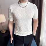 Dot print camisetas masculinas verão meia alta pescoço cor sólida fino ajuste casual versátil respirável t camisa pulôver roupas masculinas