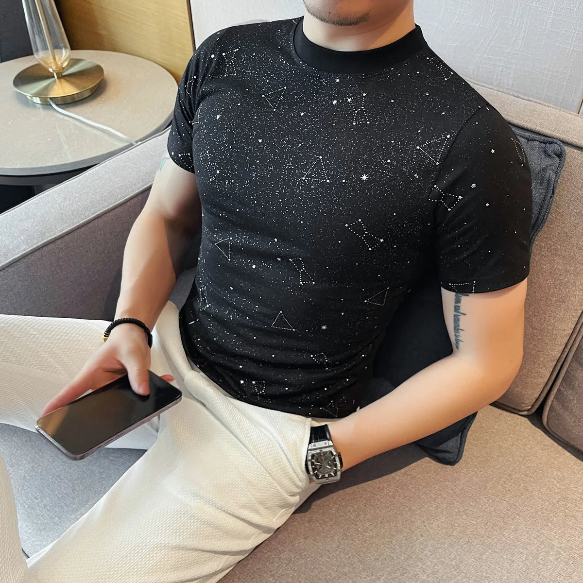 Verão masculino em pó revestido t camisas moda o-pescoço manga curta casual respirável camiseta roupas masculinas 4xl-m