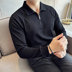Camisa Polo masculina de Mangas Compridas Metade Zip, T-Shirt Pescoço V, Elástico Espessado, Casual Business Tee, Streetwear, 4XL-M, Primavera, Outono