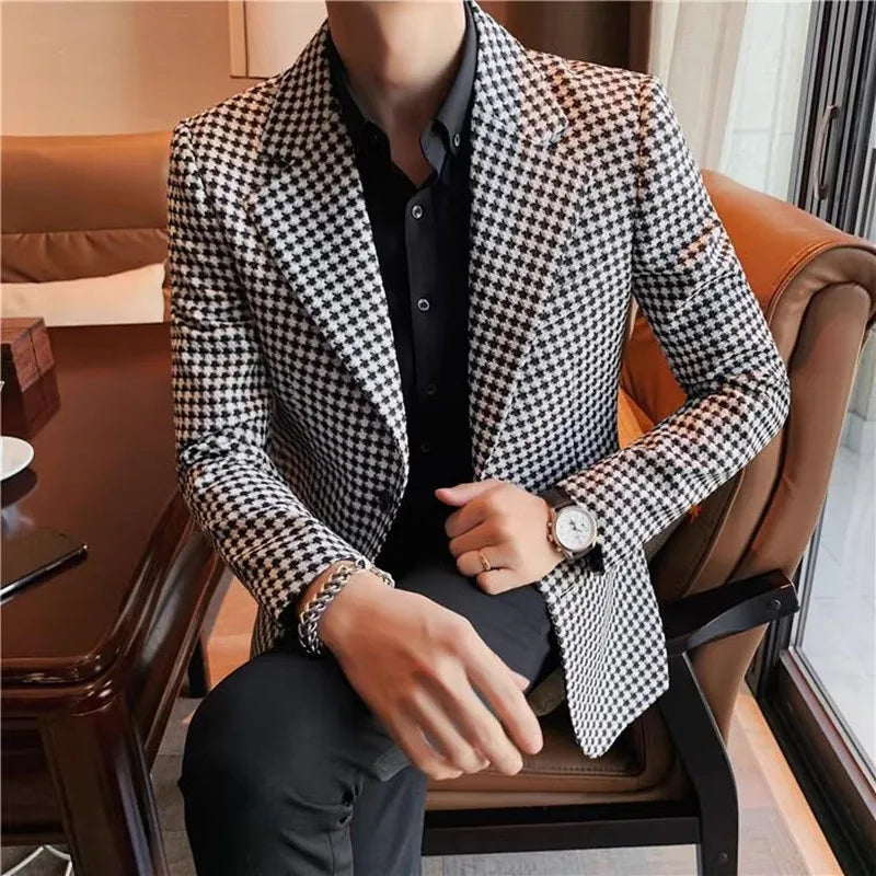 Estilo britânico novo fino ajuste xadrez terno casacos 2025 moda masculina negócios escritório vestido de casamento terno jaqueta tailcoat roupas masculinas