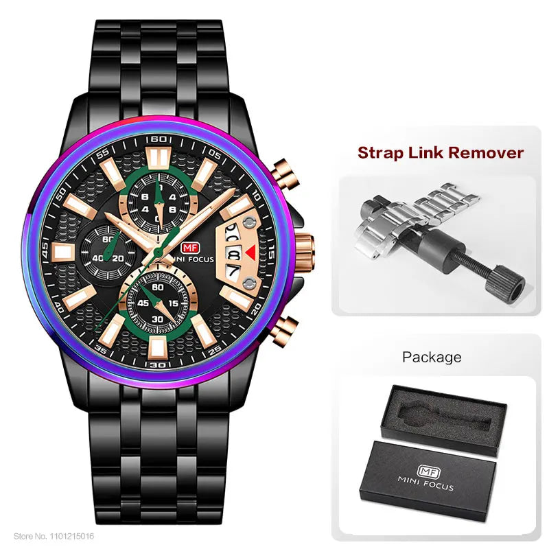 MINI FOCUS Motley Relógios para Homens Moda Esporte Cronógrafo Relógio de Pulso de Quartzo com Data Luminosa Mãos Pulseira de Aço Inoxidável Homem